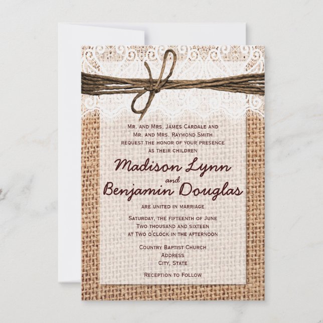 Rustikales Land Burlap Print Wedding Einladungen (Vorderseite)