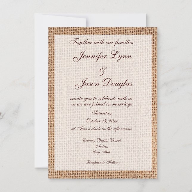 Rustikales Land Burlap Print Wedding Einladungen (Vorderseite)