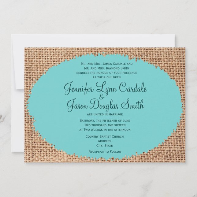 Rustikales Land Burlap Turquoise Hochzeit Einladun Einladung (Vorderseite)