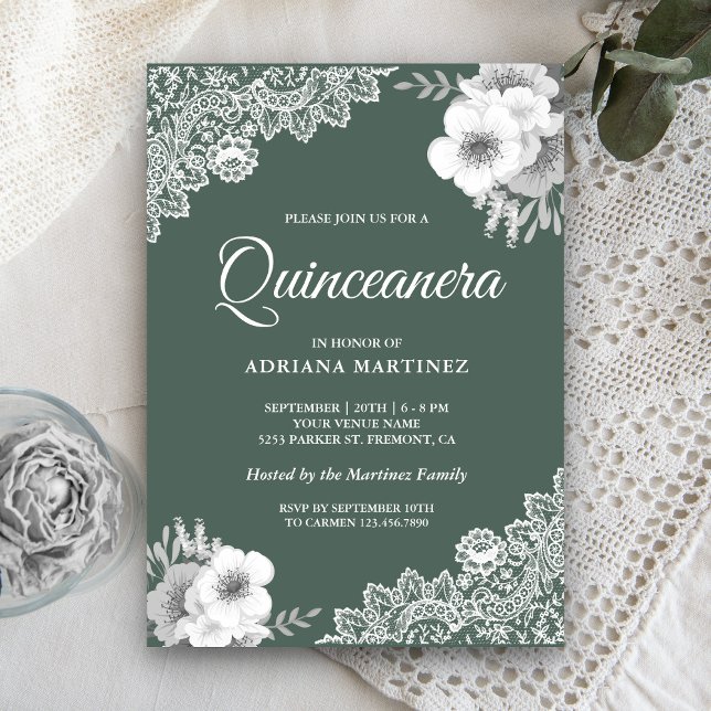 Rustikales Land Dusty Green Floral Lace Quinceaner Einladung (Von Creator hochgeladen)