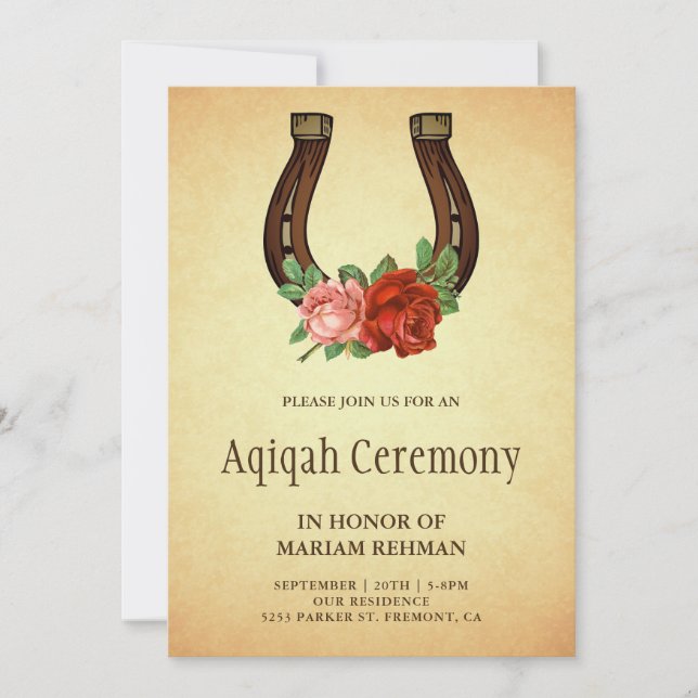 Rustikales Land Floral Horseshoe Aqiqah Einladung (Vorderseite)