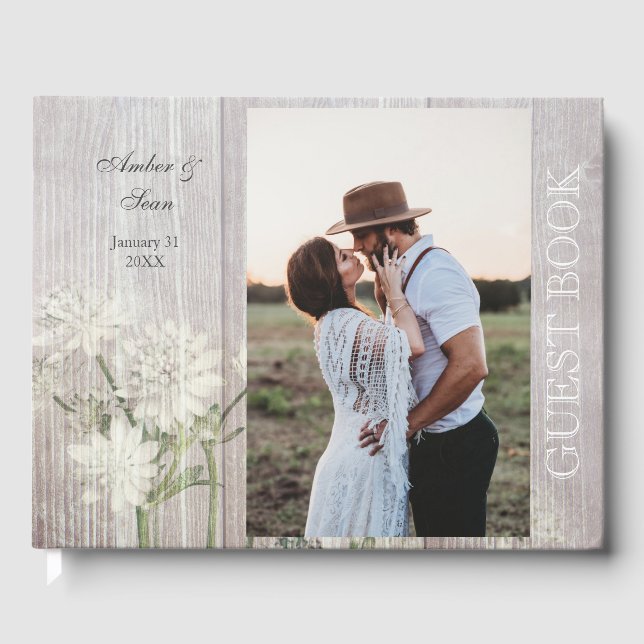 Rustikales Land Floral Wood & Foto Gästebuch (Vorderseite)