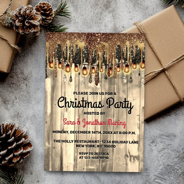 Rustikales Land Gold Glitzer Tropfen Weihnachts-Pa Einladung (Von Creator hochgeladen)