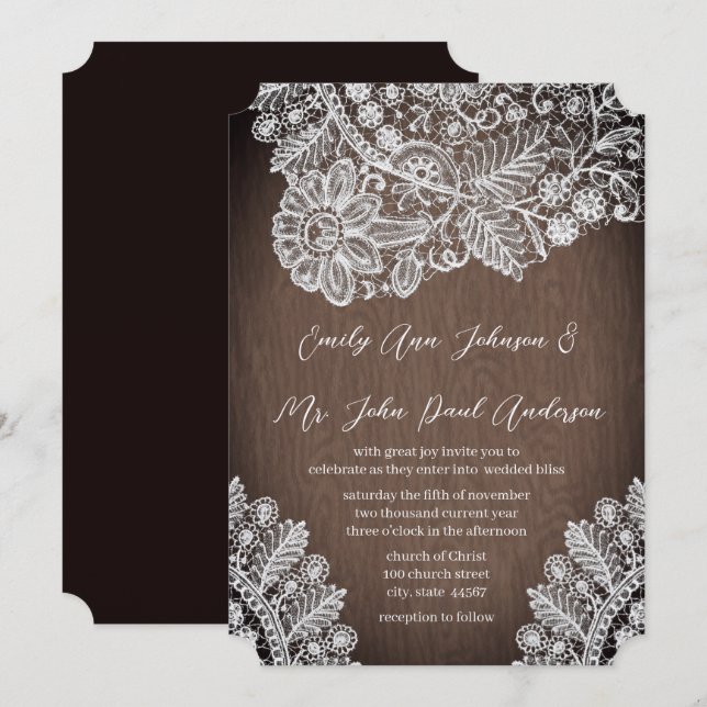 Rustikales Land Heirloom Spitzen Hochzeitseinladun Einladung (Vorne/Hinten)