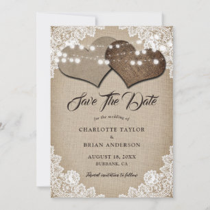 Rustikales Land Hessian Hearts Floral Lace Wedding Save The Date