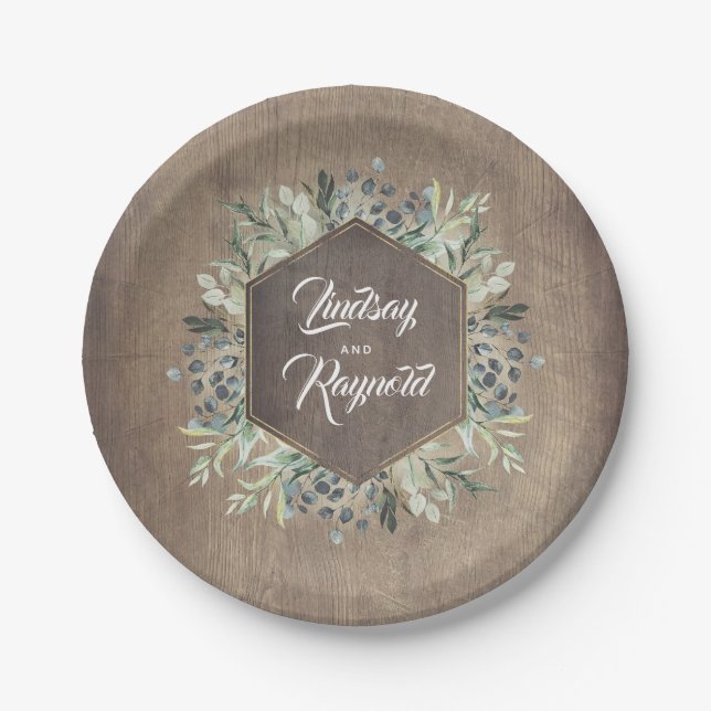 Rustikales Land | Hochzeit von Holz und Grün Pappteller (Vorderseite)