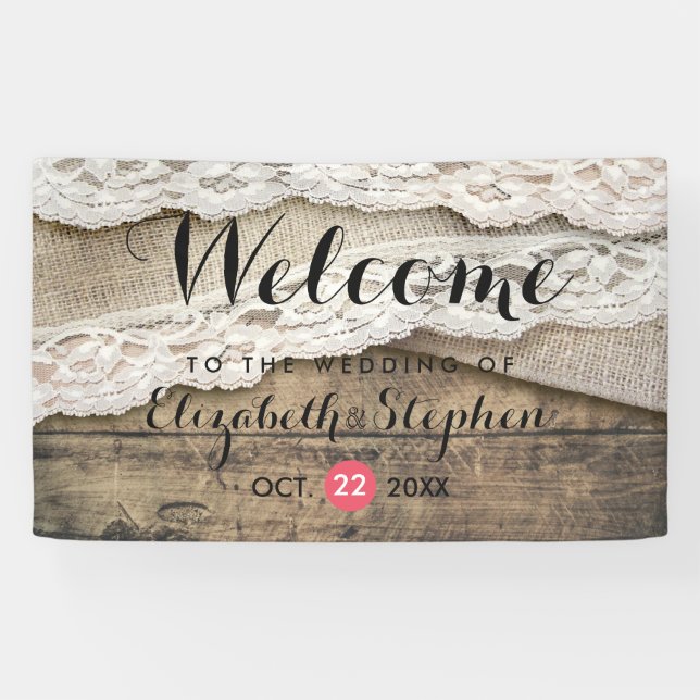 Rustikales Land Holz Burlap Lace Hochzeit Willkomm Banner (Horizontal)