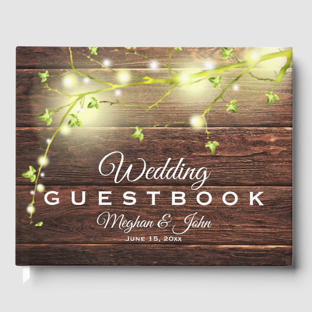 Rustikales Land Holz Mason Jar String Lights Tree Gästebuch (Vorderseite)