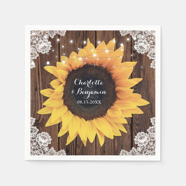 Rustikales Land Holz Spitzen Sonnenblumen Hochzeit Serviette (Vorderseite)