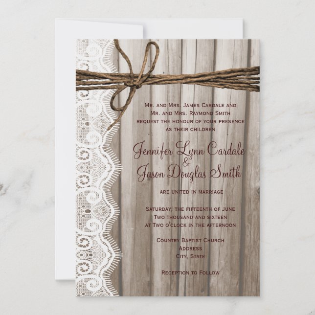 Rustikales Land Holz Spitzen Twine Hochzeit Einlad Einladung (Vorderseite)