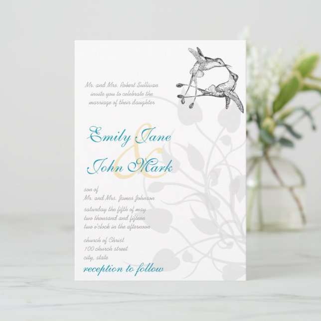 Rustikales Land Hummingbird Kiss Love Bird Wedding Einladung (Stehend Vorderseite)