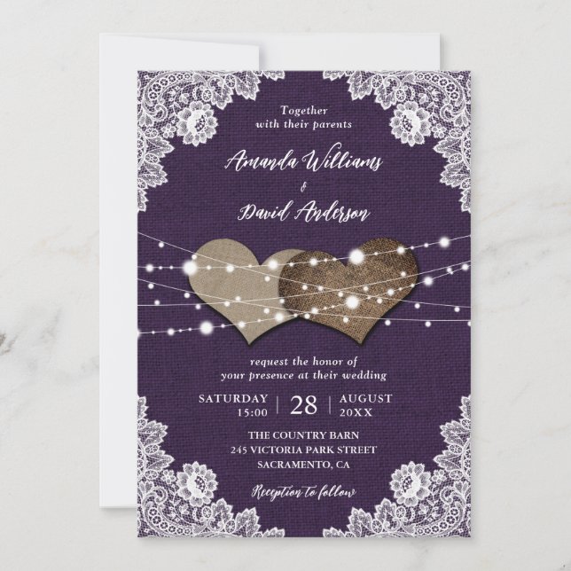 Rustikales Land Lila Burlap Lace Hochzeit Einladung (Vorderseite)