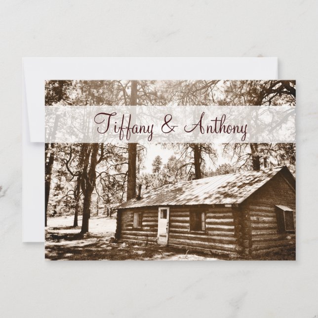 Rustikales Land Log Kabine Sepia Hochzeitseinladun Einladung (Vorderseite)
