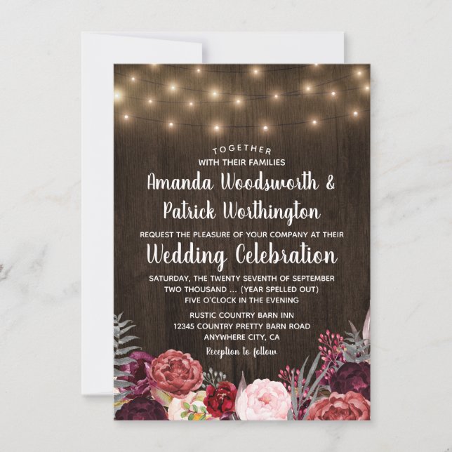 Rustikales Land Marsala Peony Hochzeit Einladungen (Vorderseite)