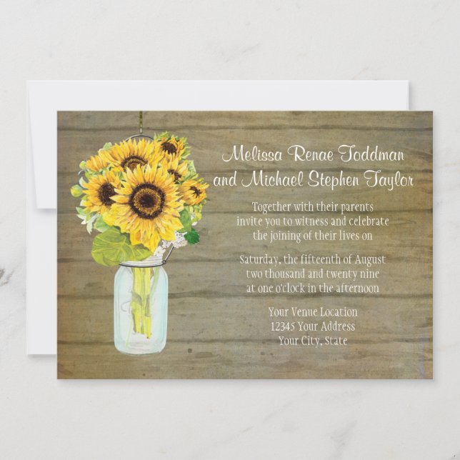 Rustikales Land Mason Jar Blume Sonnenblumen Hänge Einladung (Vorderseite)