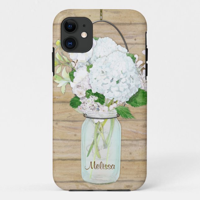 Rustikales Land Mason Jar Blume White Hydrangeas Case-Mate iPhone Hülle (Rückseite)