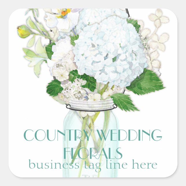 Rustikales Land Mason Jar Blume White Hydrangeas Quadratischer Aufkleber (Vorderseite)