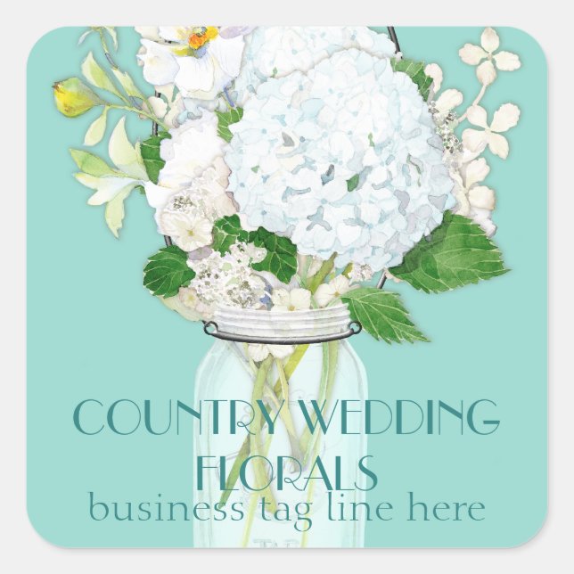 Rustikales Land Mason Jar Blume White Hydrangeas Quadratischer Aufkleber (Vorderseite)