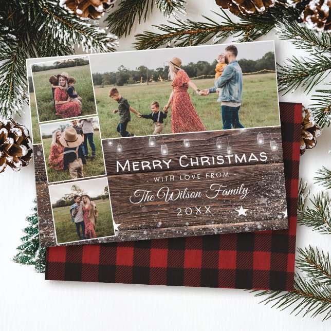 Rustikales Land Mason Jar Foto Collage Weihnachten Einladungspostkarte (Von Creator hochgeladen)
