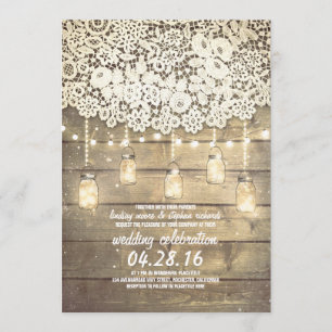 Rustikales Land Mason Jars Lights Lace Wood Weddin Einladung