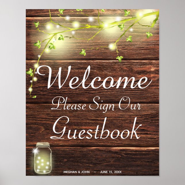 Rustikales Land Mason String Lights Gästebuchsigna Poster (Vorne)