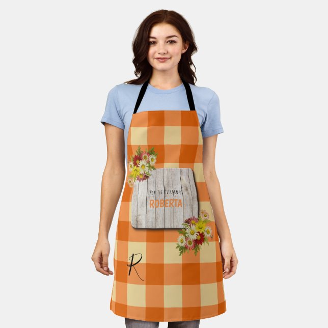 Rustikales Land mit Monogramm Orangengingham Schürze (Getragen)