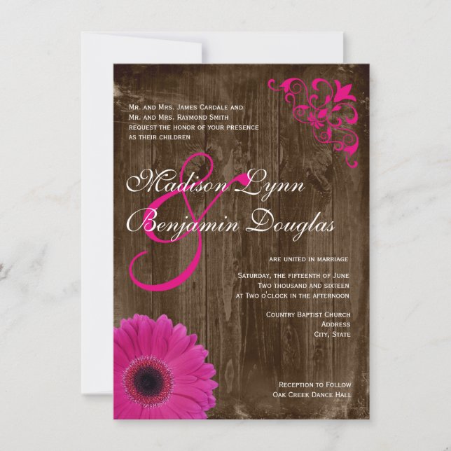Rustikales Land Pink Daisy Wood Hochzeit Einladung (Vorderseite)