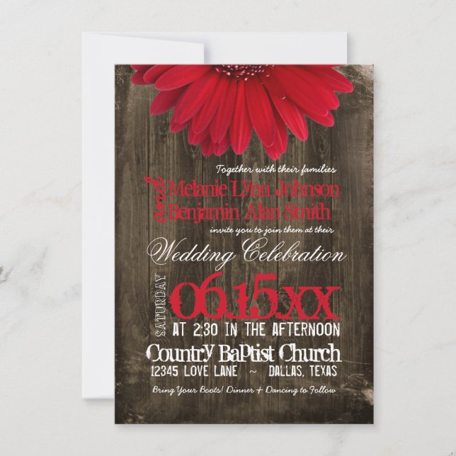 Rustikales Land Red Daisy Wood Hochzeit Einladunge Einladung (Vorderseite)