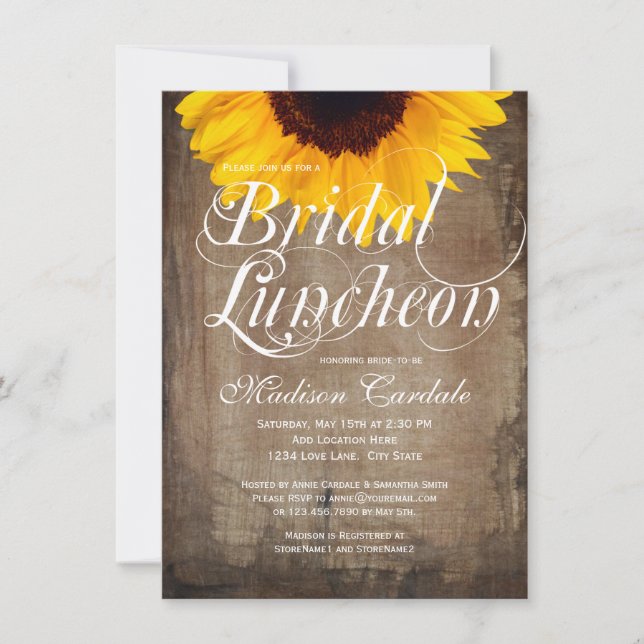 Rustikales Land Sonnenblume Bridal Luncheon Einladung (Vorderseite)