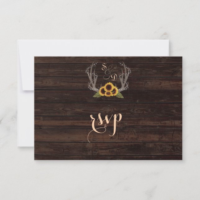 Rustikales Land Sonnenblumen Antlers Wedding RSVP Karte (Vorderseite)
