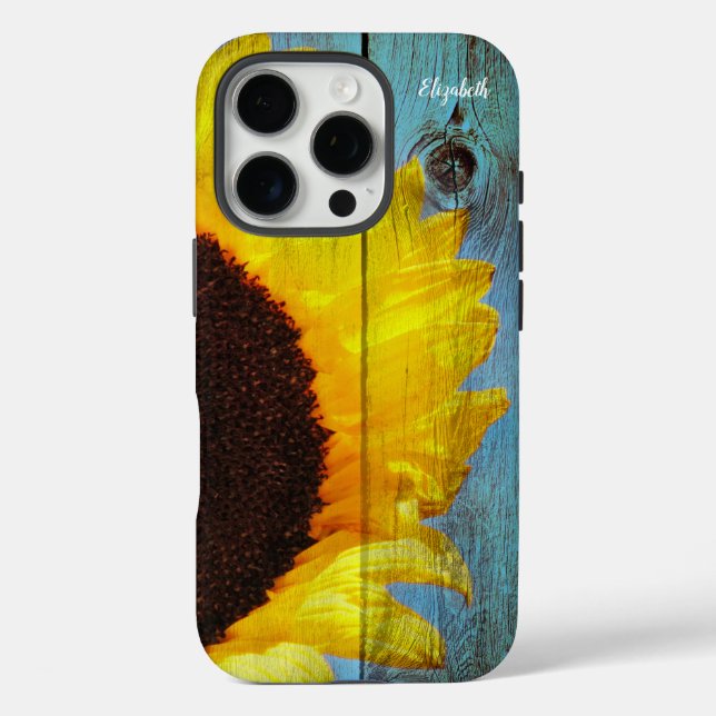 Rustikales Land Sonnenblumen Aquamarines Holz Pers iPhone 16 Pro Hülle (Rückseite)
