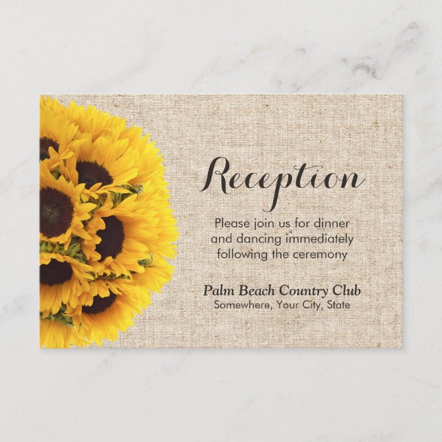 Rustikales Land Sonnenblumen Burlap Hochzeitsempfa Begleitkarte (Vorderseite)