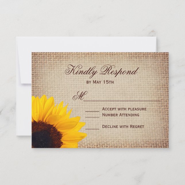Rustikales Land Sonnenblumen Burlap Hochzeitskarte RSVP Karte (Vorderseite)