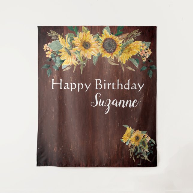 Rustikales Land Sonnenblumen Happy Birthday Custom Wandteppich (Vorderseite)