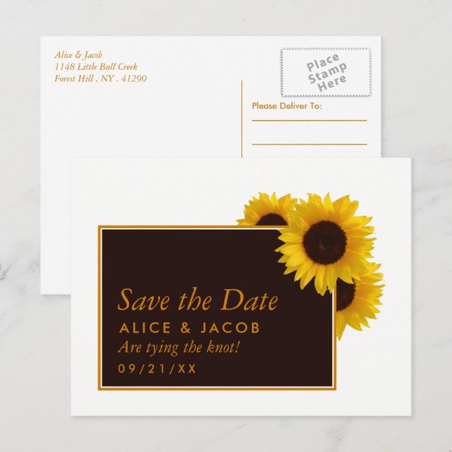 Rustikales Land Sonnenblumen - Hochzeit retten das Postkarte (Vorne/Hinten)