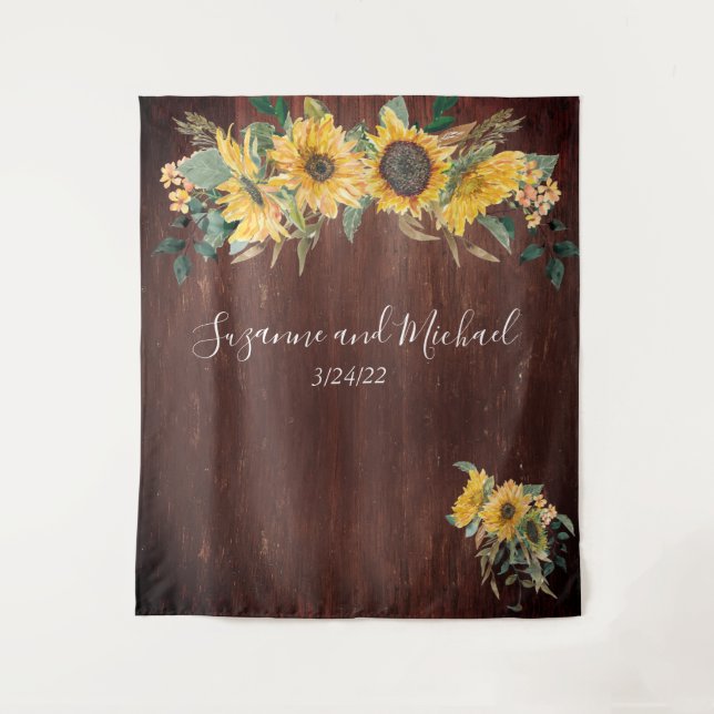 Rustikales Land Sonnenblumen Hochzeitwald Wandteppich (Vorderseite)