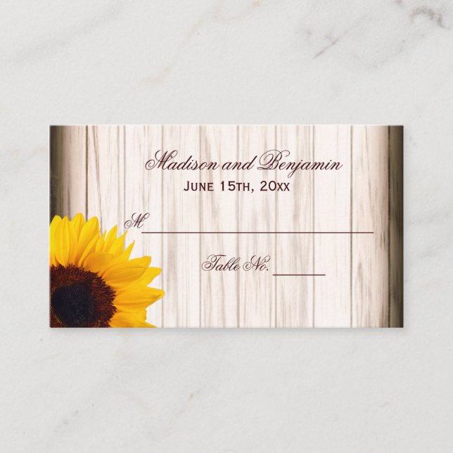 Rustikales Land Sonnenblumen Holz Hochzeit Platzka Platzkarte (Vorderseite)