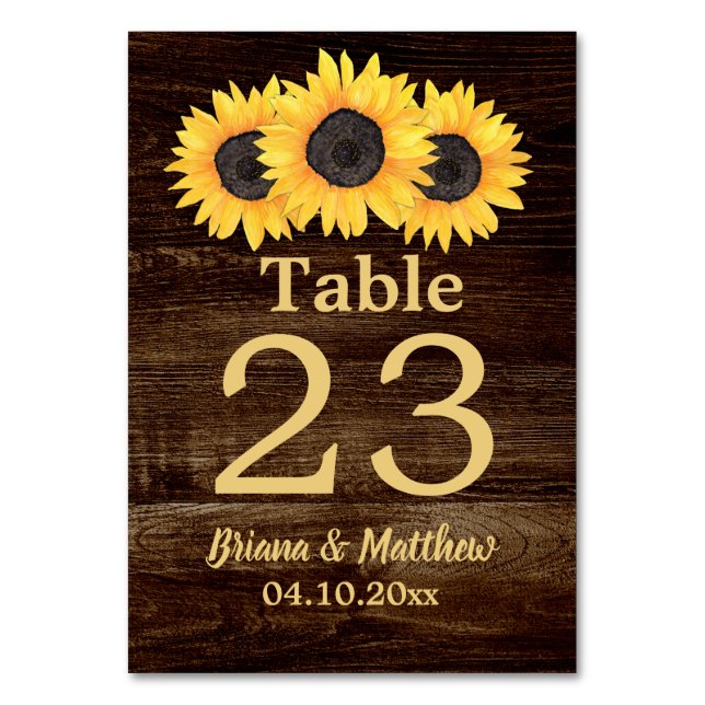 Rustikales Land Sonnenblumen Holztisch Karte (Vorderseite)