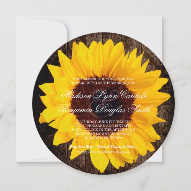 Rustikales Land Sonnenblumen Runde Hochzeiten Einl Einladung (Vorderseite)