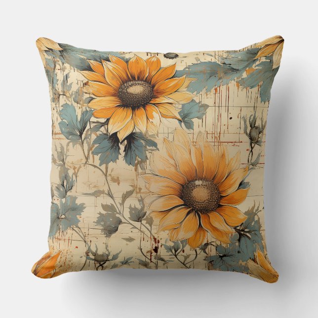 Rustikales Land Sonnenblumen Shabby Chic Blume Kissen (Vorderseite)