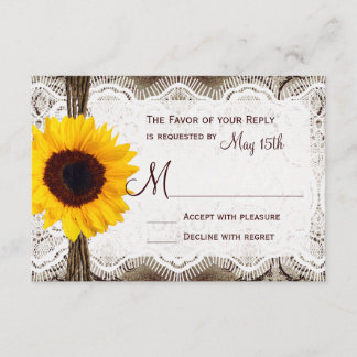 Rustikales Land Sonnenblumen Spitzen Twine Wedding RSVP Karte