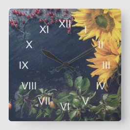 Rustikales Land Sonnenblumen und spätrömische Zahl Quadratische Wanduhr