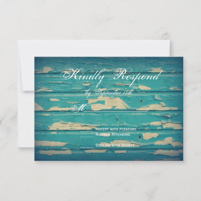 Rustikales Land Türkisfarbenes Holz Hochzeitskarte RSVP Karte (Vorderseite)