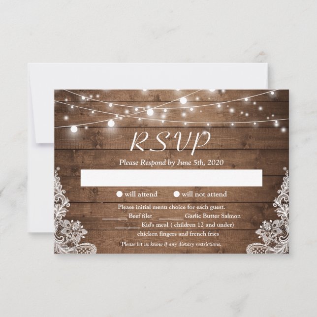 Rustikales Land Twinkle Lights Lace Barn Wood UAWG RSVP Karte (Vorderseite)