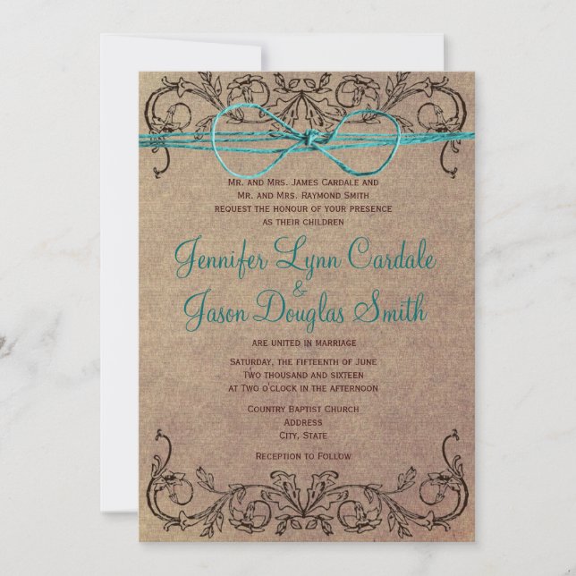 Rustikales Land Vintag Brown Aquamarin Hochzeit lä Einladung (Vorderseite)