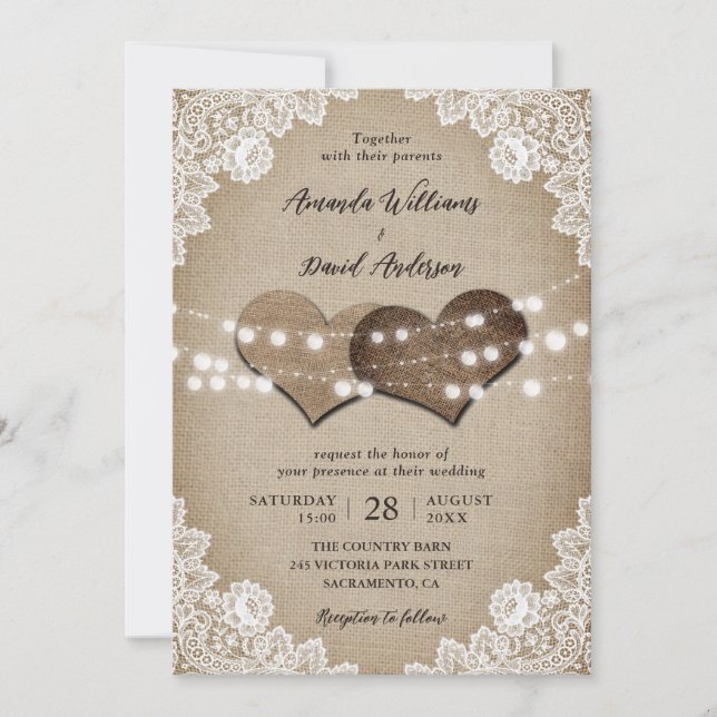 Rustikales Land Vintag Burlap Blues Hochzeit Einladung (Vorderseite)