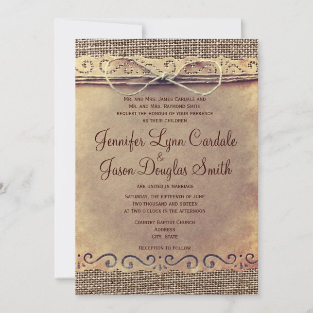 Rustikales Land Vintag Burlap Hochzeitseinladungen Einladung (Vorderseite)