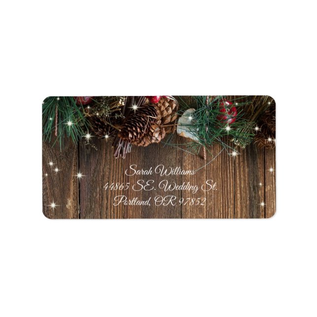 Rustikales Land Weihnachten Pine Garland Wood Spar Adressaufkleber (Vorne)