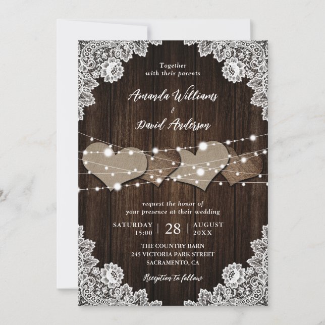 Rustikales Land Wood Burlap Lace Hochzeit Einladun Einladung (Vorderseite)