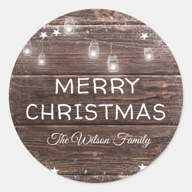 Rustikales Land Wood Holiday String Lights Runder Aufkleber (Vorderseite)